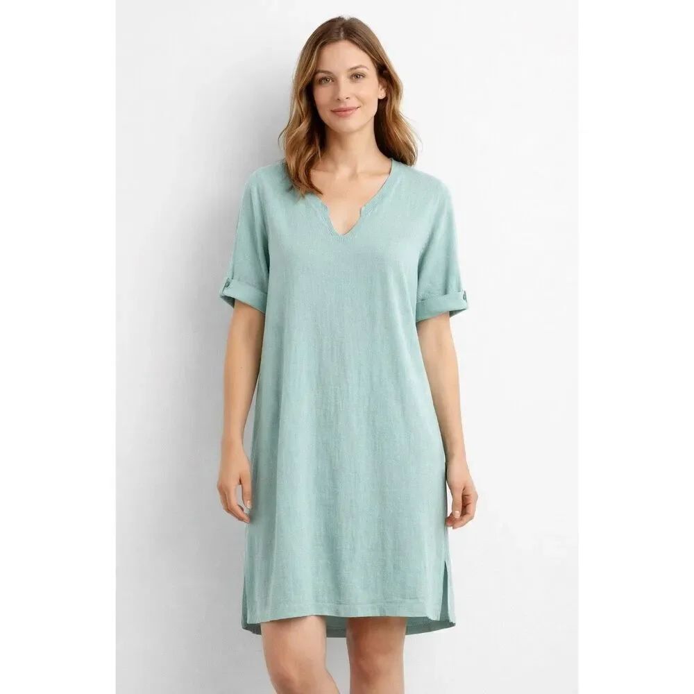 J Jill Linen Blend Tunic Dress Medium Teal V Neck Short Sleeve